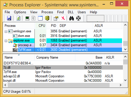 7-Zip 18.00 in Process Explorer on Windows 8.1 x86